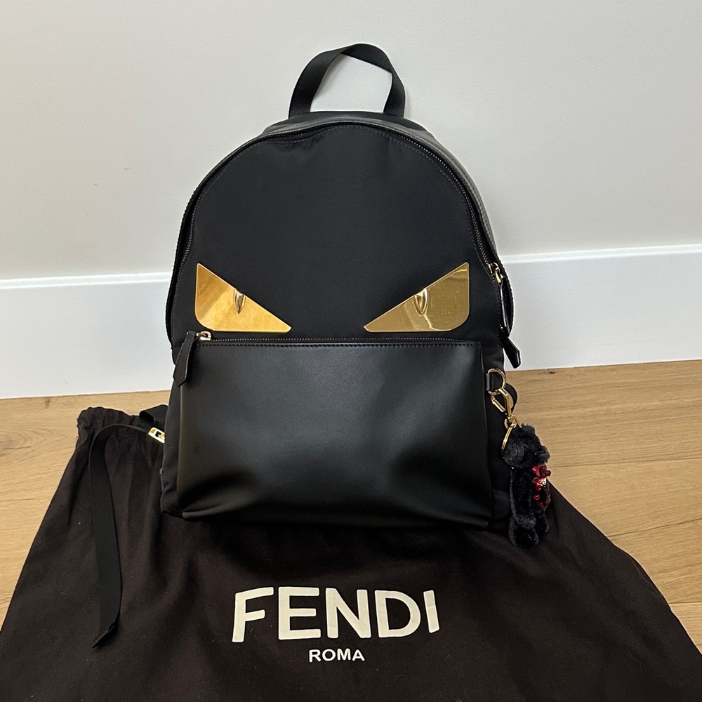Fendi Monster Backpack in Black and Gold Accents nylon and leather